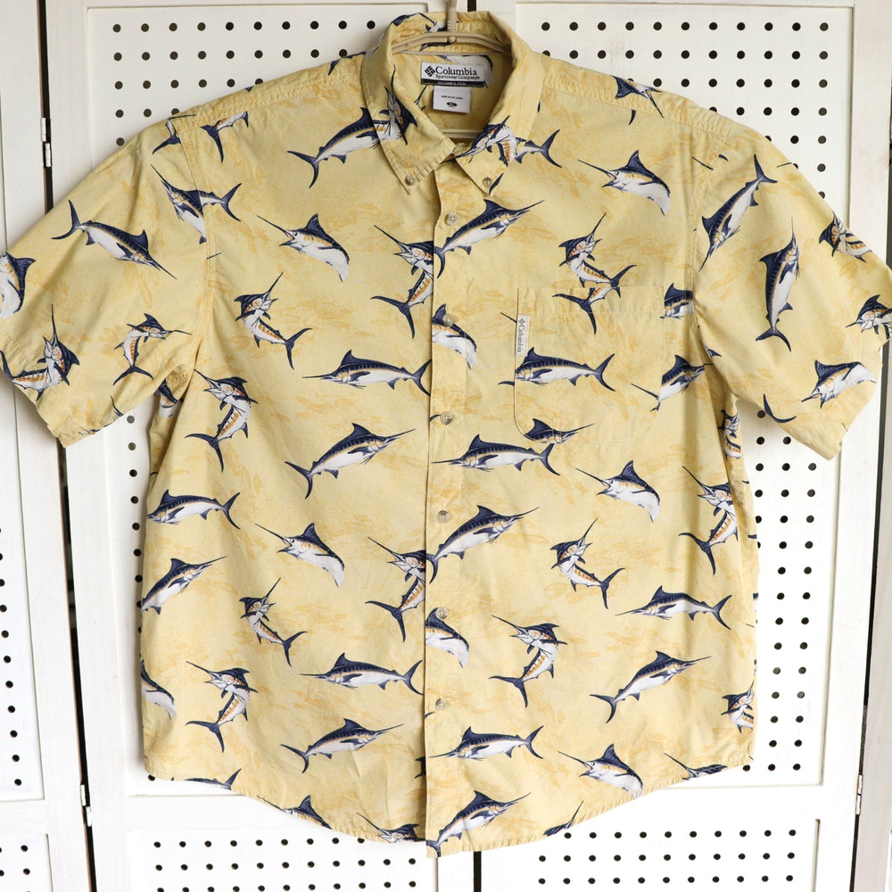 Columbia‎ Mens XL Casual Button-Down Short Sleeve Marlins Shirt Yellow Fish